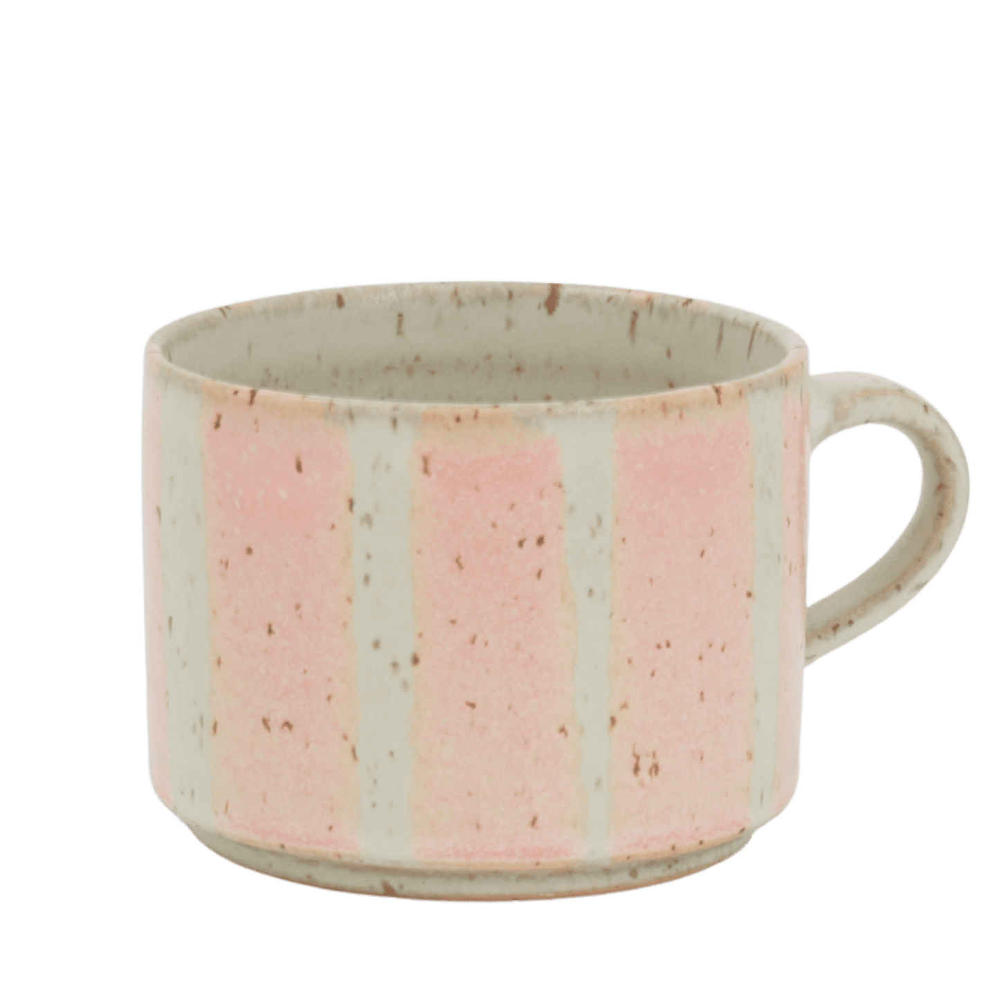 Bredrandig stor tekopp i keramik med rosa ränder och en beige havrefärgad botten