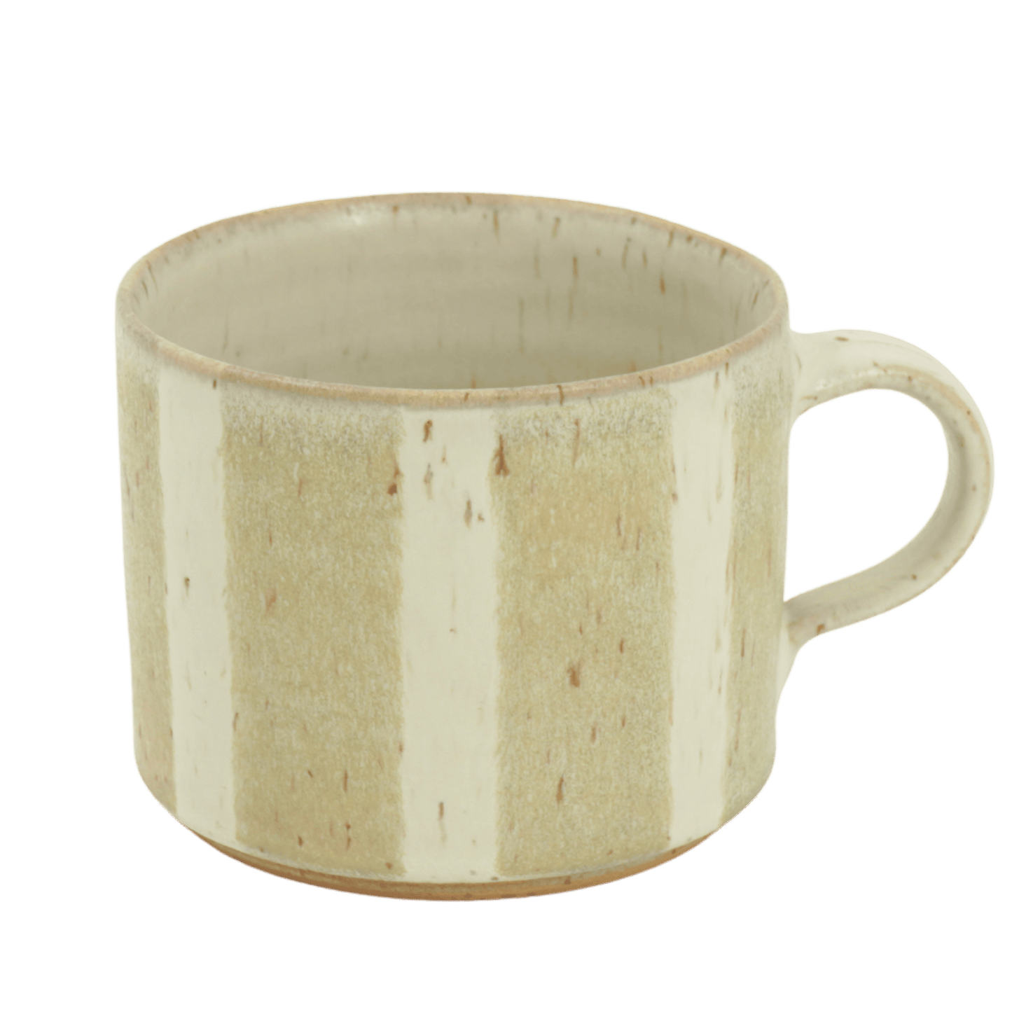 Stor randig tekopp med öra i keramik. Lodräta ränder i en grön kaki nyans medan ljus beige havre-färg som bas. Paradisverkstaden Öland