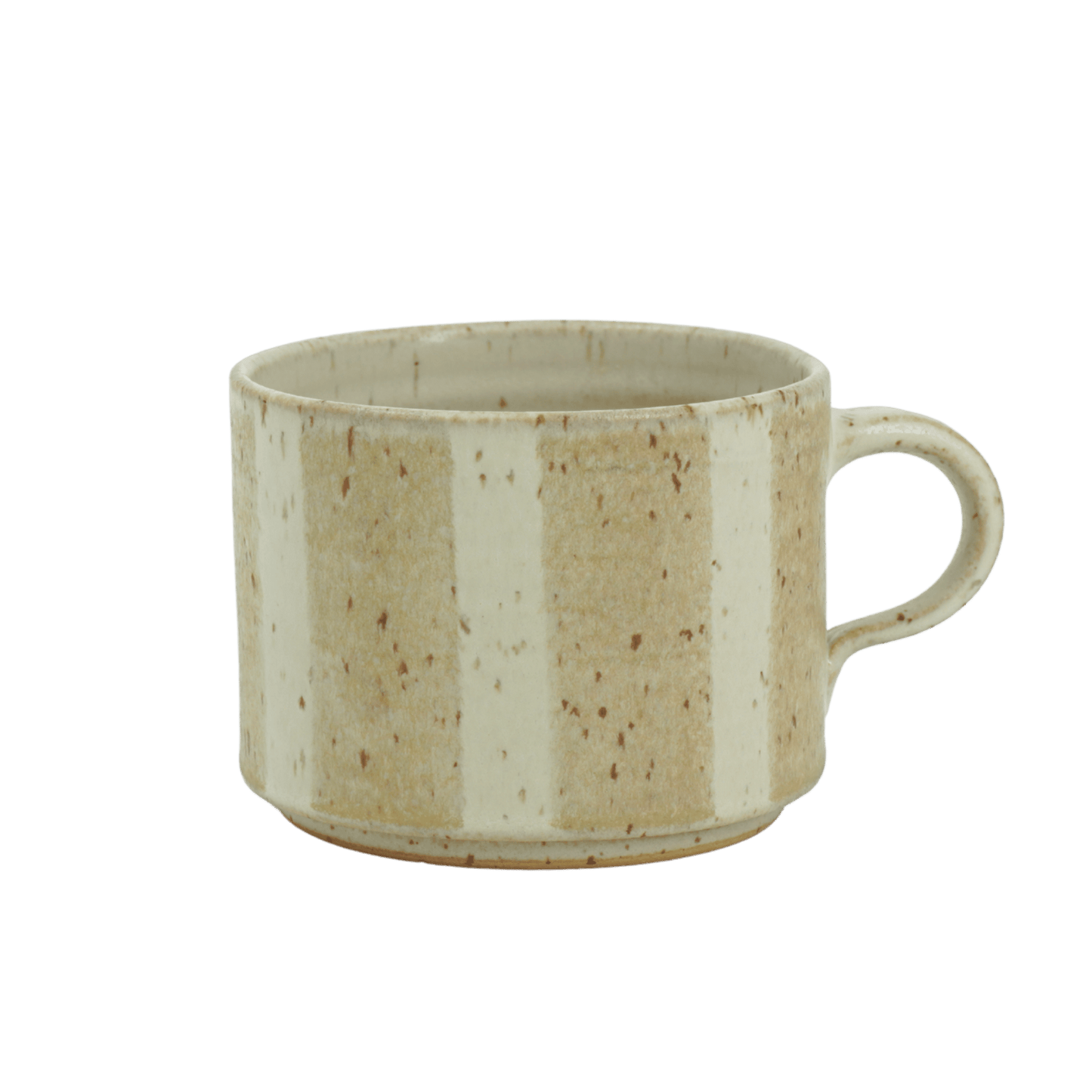 Bredrandig kaffekopp i keramik med ränder i ljus beige (havre) och kaki