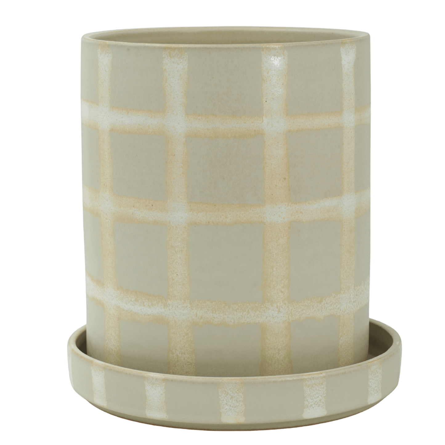 Stor handgjord kruka Grid i keramikk med handmålade rutor i creme och Paradis Havre-glasyr