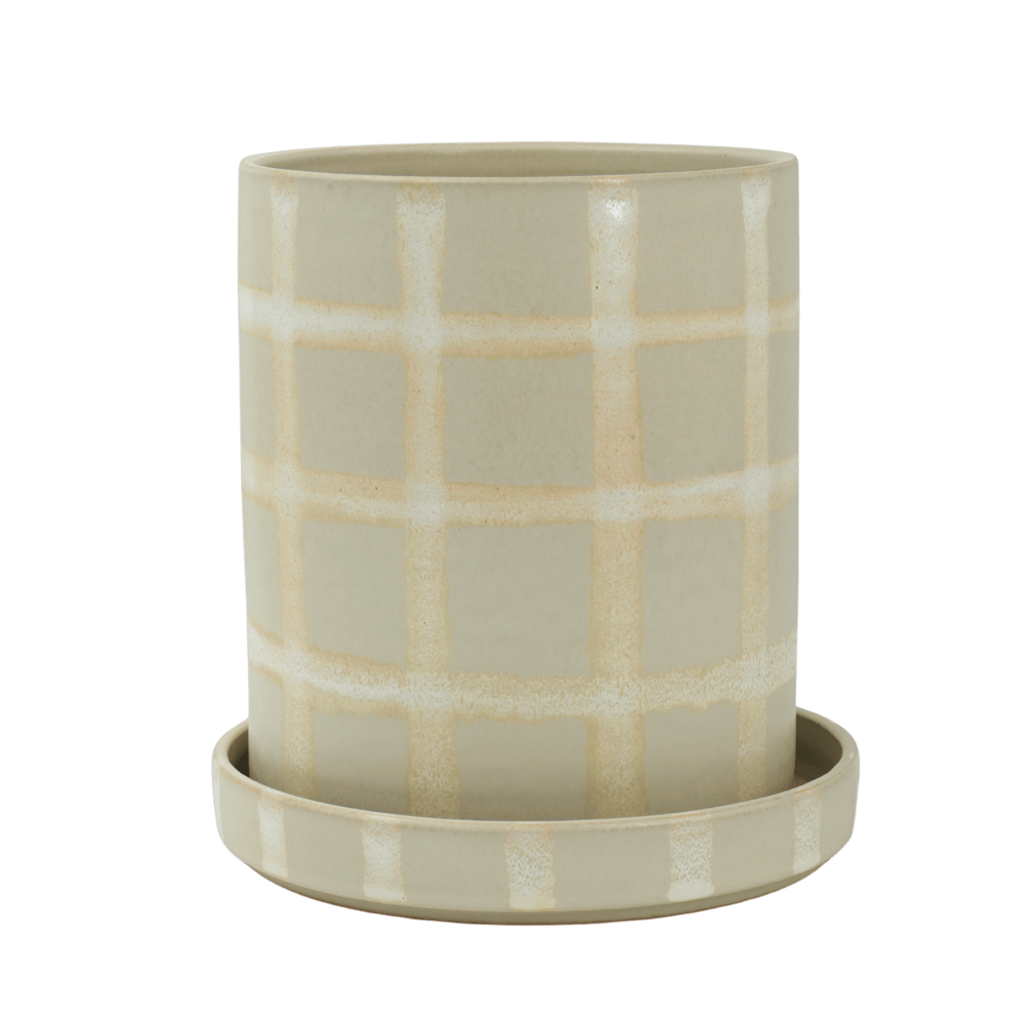 Liten handgjord kruka Grid i keramikk med handmålade rutor i creme och Paradis Havre-glasyr