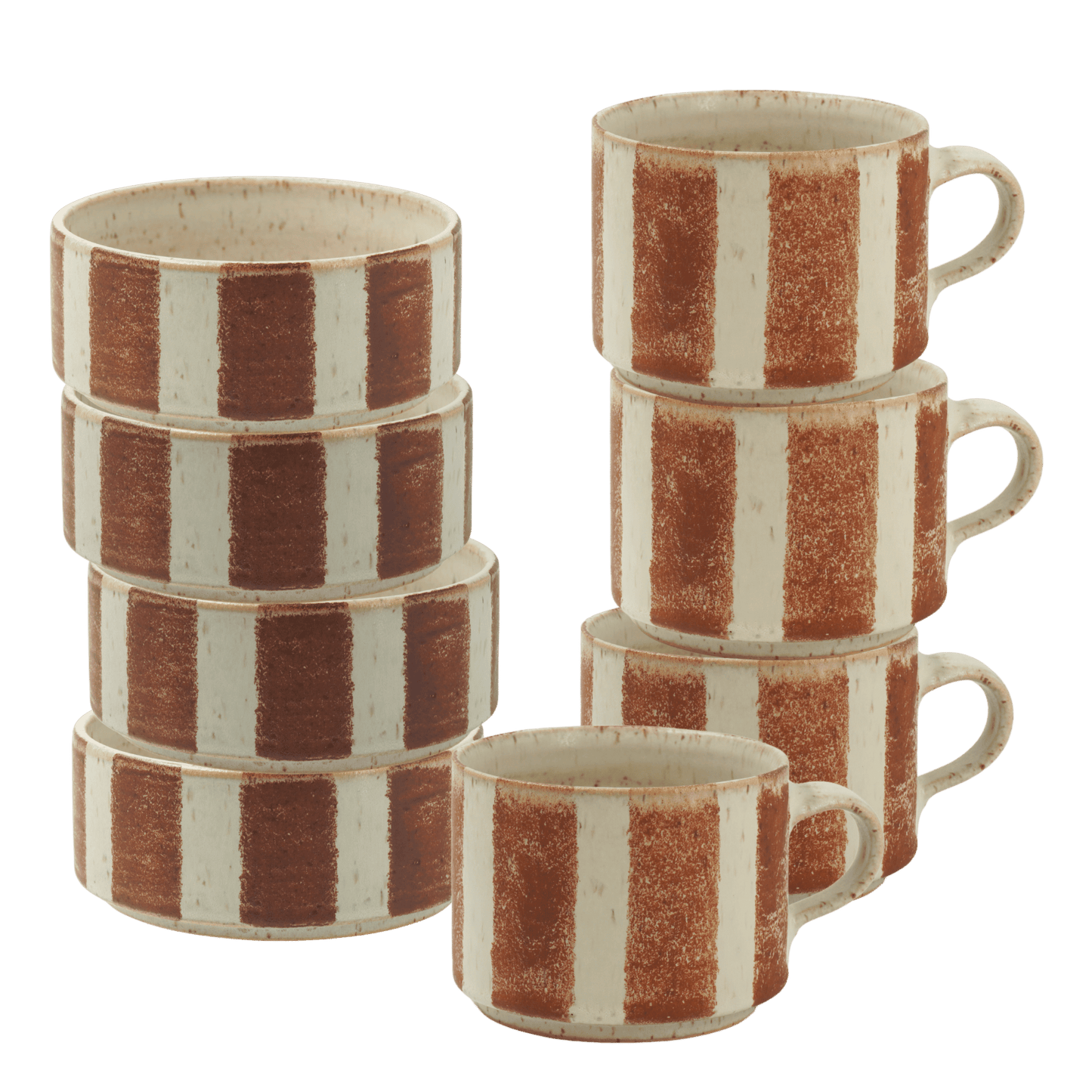 Handgjort frukostset med fyra koppar och fyra skålar i glasyr Havre/Träbrun från Paradisverkstadens Ölandsservis.