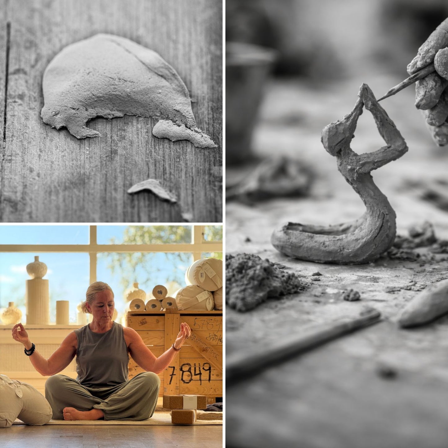 Skulptur i lera av Yoga och bild på någon som mediterar